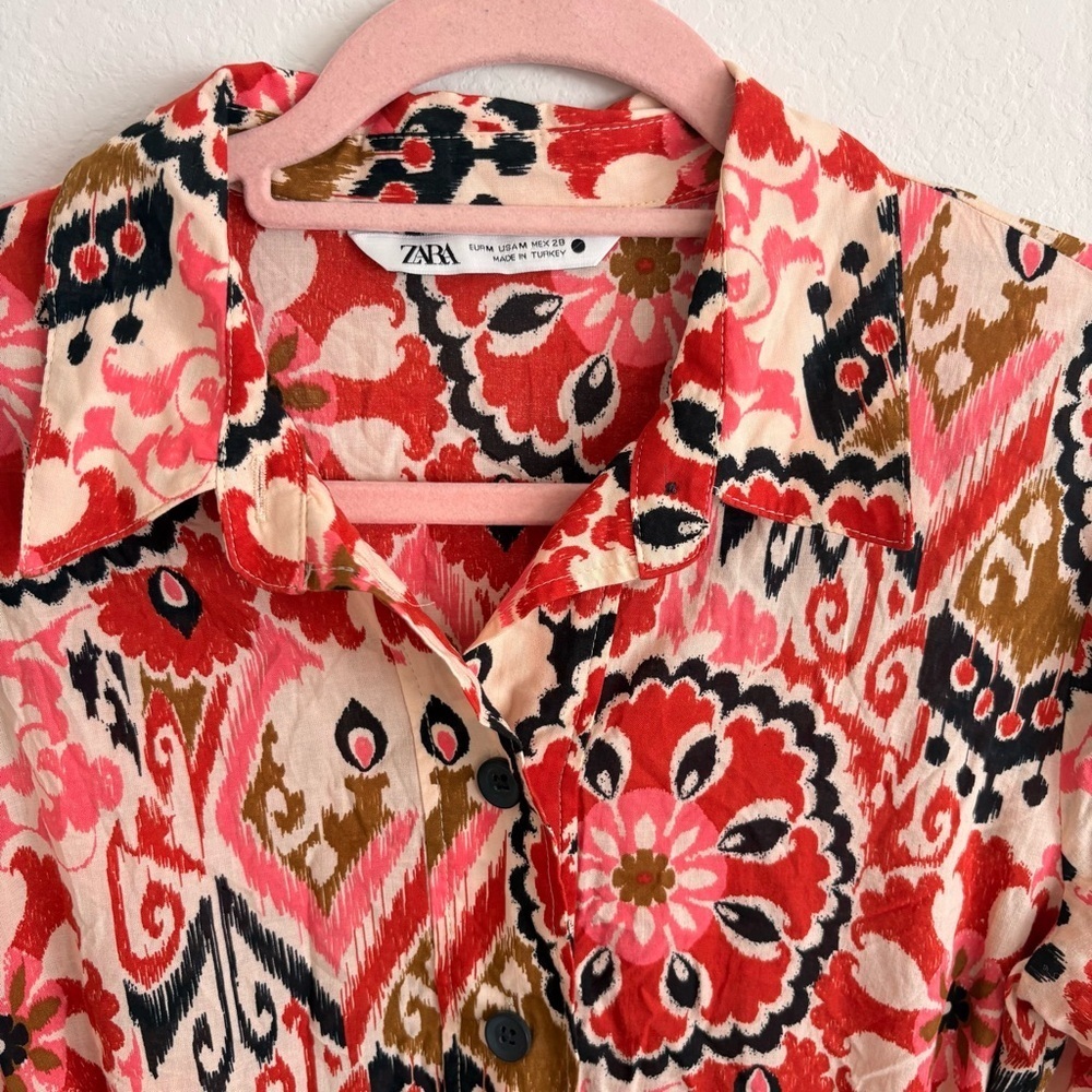 Zara Ikat Print Button-Down Belted Midi Dress- Size M - Picture 8 of 11